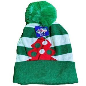 NWT Christmas Striped Christmas Tree Pom‎ Pom Beanie Green White